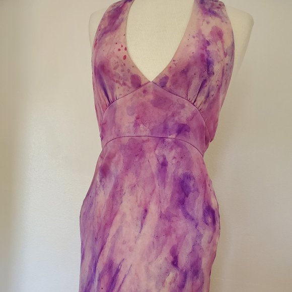 COPY - Silk Short midi halter Dress 6 8 10 bridesmaid party tiedyed painted pur… - Picture 4 of 16